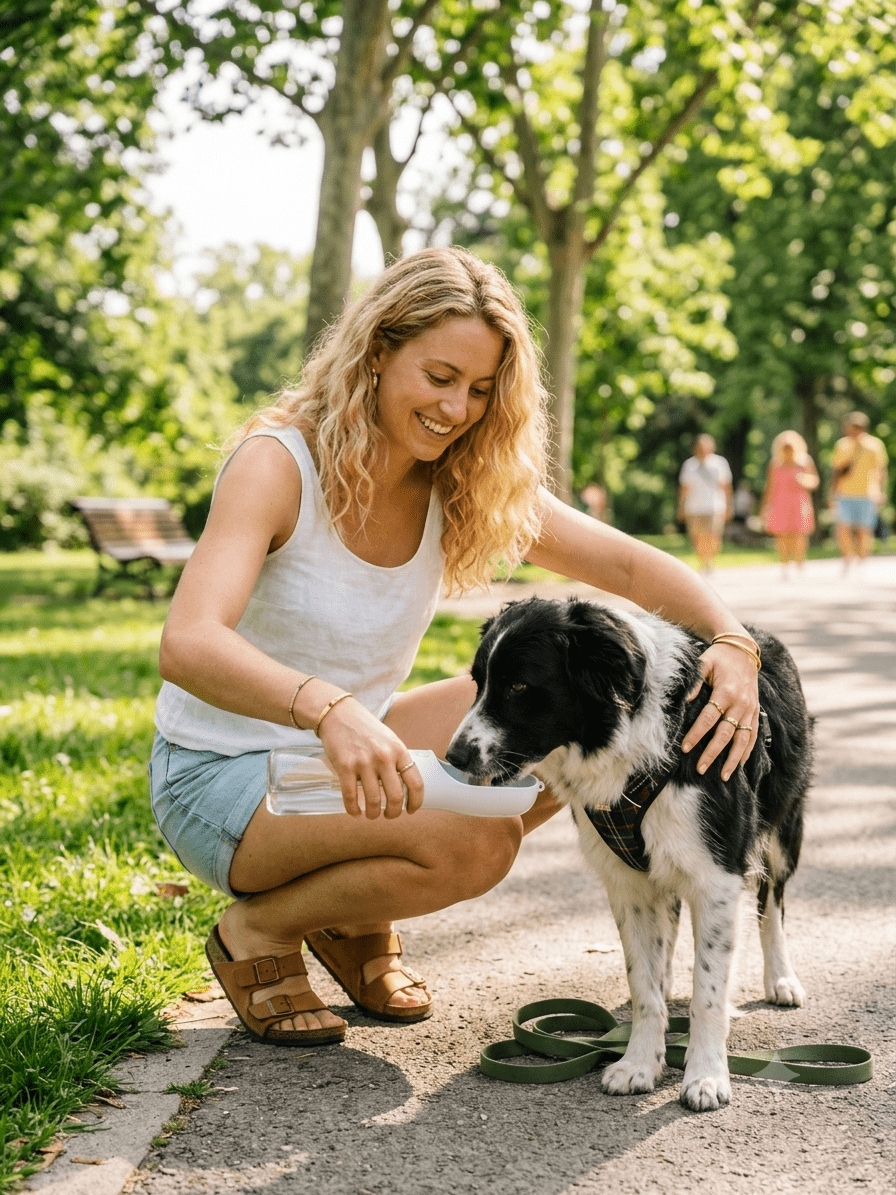 Perro bebiendo agua fresca en el parque para evitar un golpe de calor.